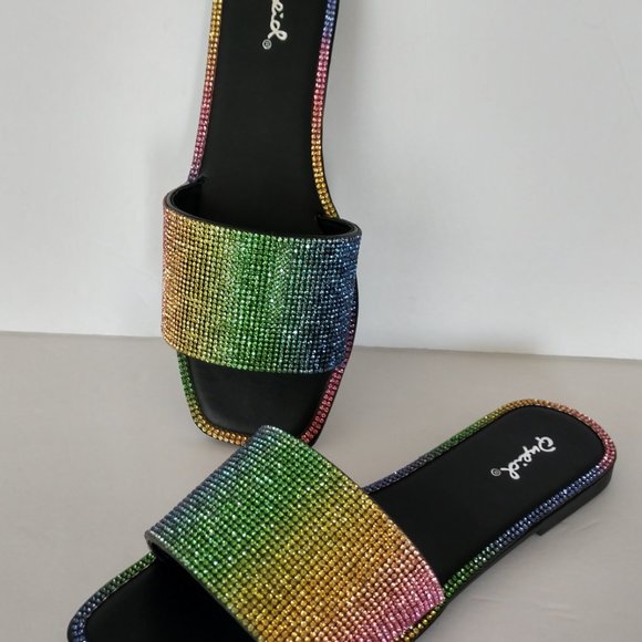 Qupid Rainbow Sandals Rhinestone Slides Various Sizes NIB - Picture 14 of 16